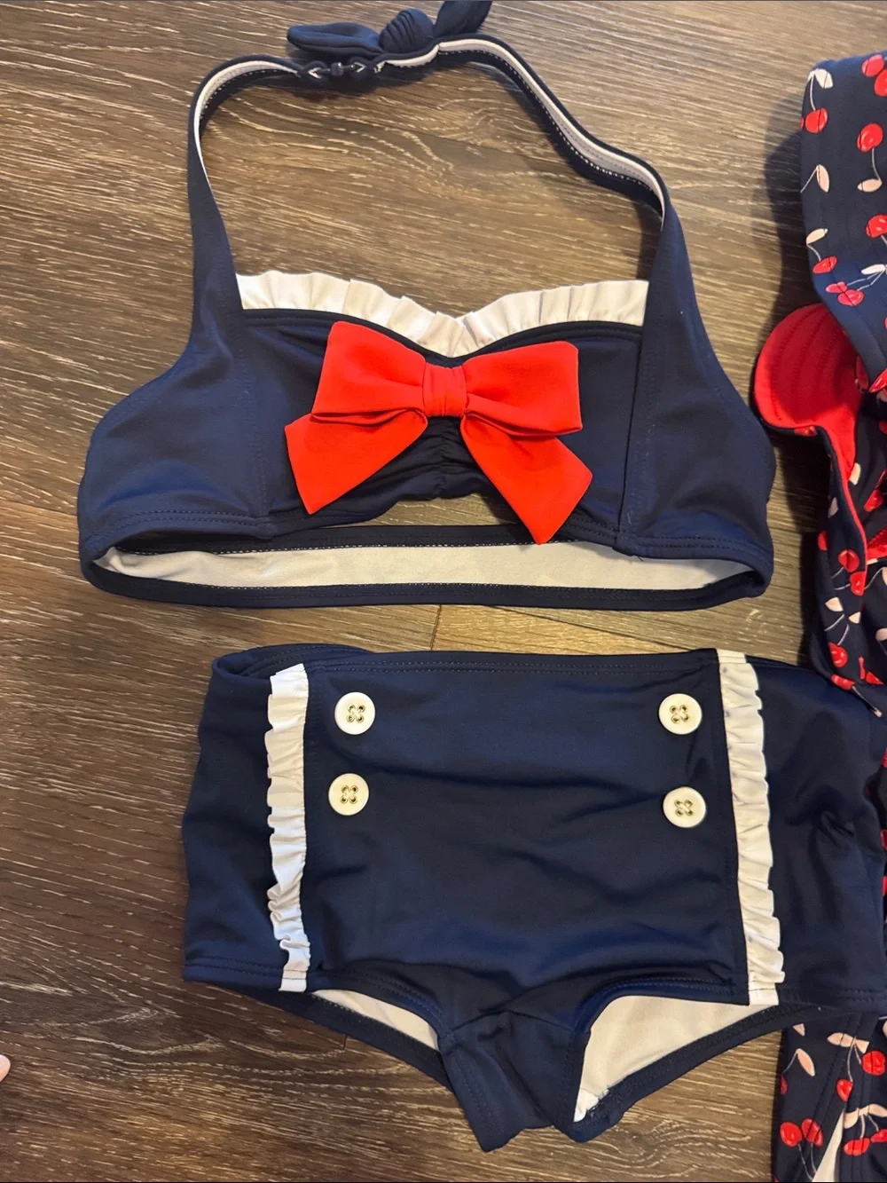 Janie and Jack Navy Blue Cherry Print Two-Piece and One-Piece Swim Set